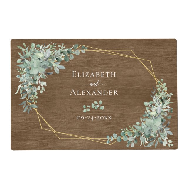 Rustic Wood Eucalyptus Gold Geometric Wedding Placemat (Front)
