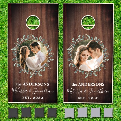 Rustic Wood Eucalyptus Greenery 2 Photo Wedding Cornhole Set