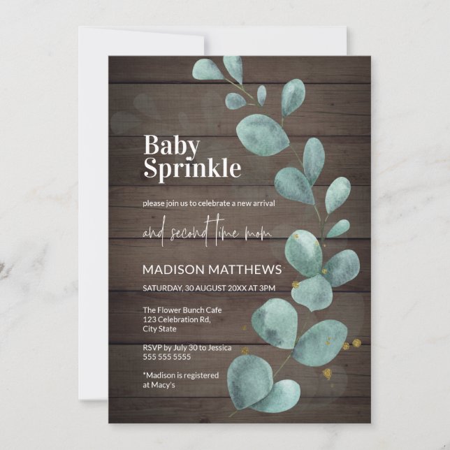 Rustic Wood Eucalyptus Greenery Baby Sprinkle Invi Invitation (Front)