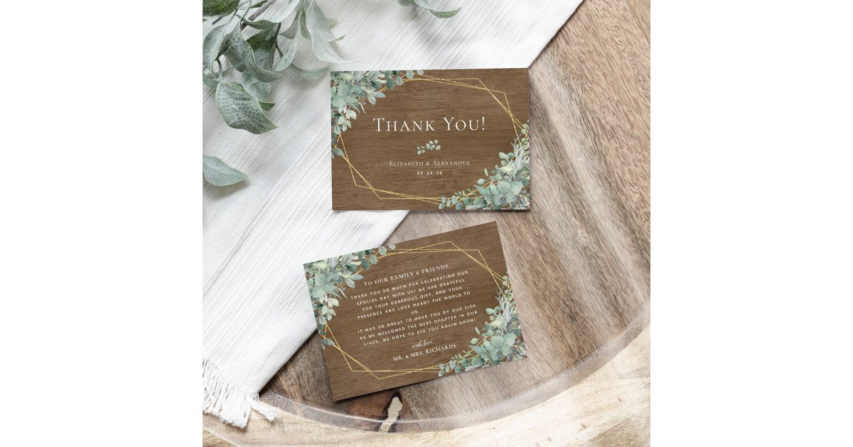 Rustic Wood Eucalyptus Greenery Botanical Wedding Thank You Card | Zazzle