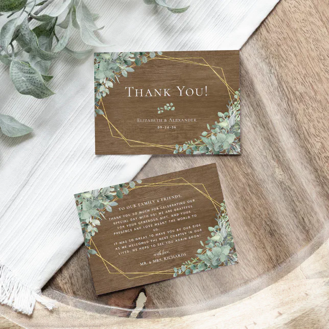 Rustic Wood Eucalyptus Greenery Botanical Wedding Thank You Card | Zazzle