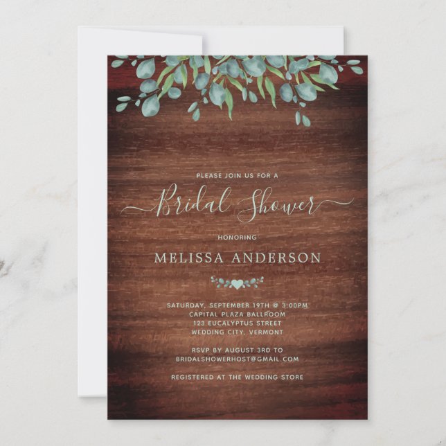 Rustic Wood Eucalyptus Greenery Bridal Shower Invitation (Front)