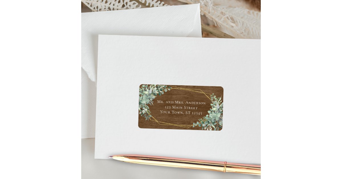 Rustic Wood Eucalyptus Greenery Geometric Wedding Label | Zazzle