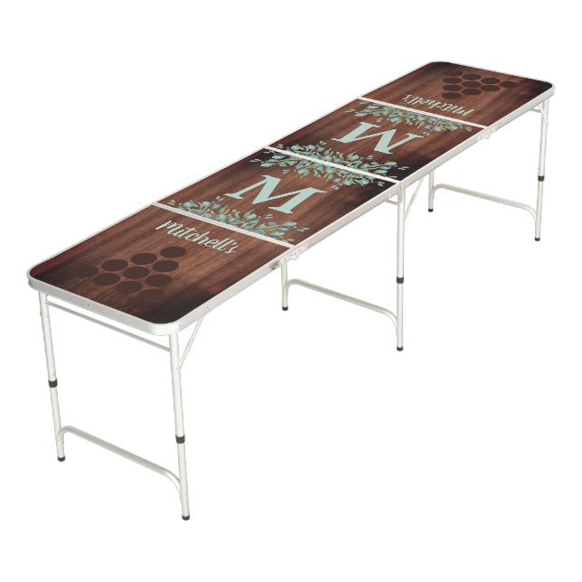 Rustic Wood Eucalyptus Greenery Monogram Wedding Beer Pong Table (Angled)