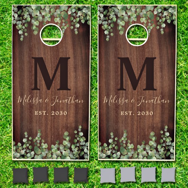 Rustic Wood Eucalyptus Greenery Monogram Wedding Cornhole Set (Creator Uploaded)