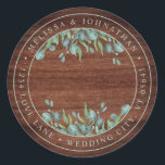 Rustic Wood Eucalyptus Greenery Return Address Classic Round Sticker<br><div class="desc">Add the finishing touch to your wedding invitations and invite friends and family to your wedding with these rustic chalkboard and eucalyptus wedding invitation return address labels. Personalize with names, and address. These unique greenery wedding return address labels will make a lasting impression. COPYRIGHT © 2020 Judy Burrows, Black Dog...</div>