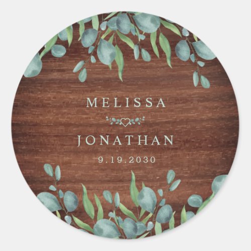  Rustic Wood Eucalyptus Greenery Wedding  Classic Round Sticker