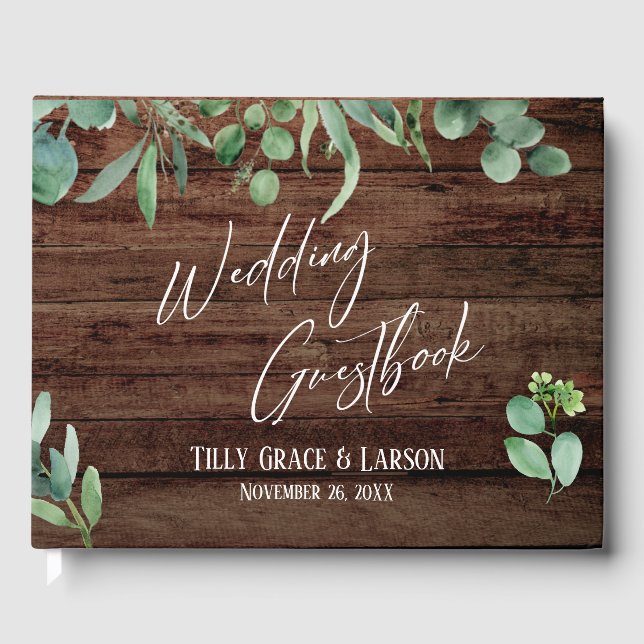 Rustic Wood Eucalyptus Handwriting Guestbook (Front)