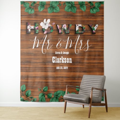 Rustic Wood Eucalyptus Howdy Mr Mrs Wall Backdrop