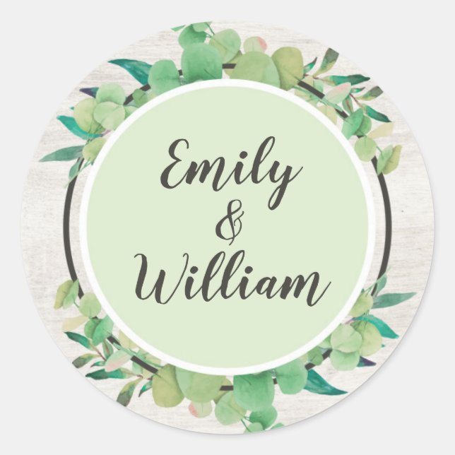 Rustic Wood & Eucalyptus Leaf Botanical Names Classic Round Sticker (Front)