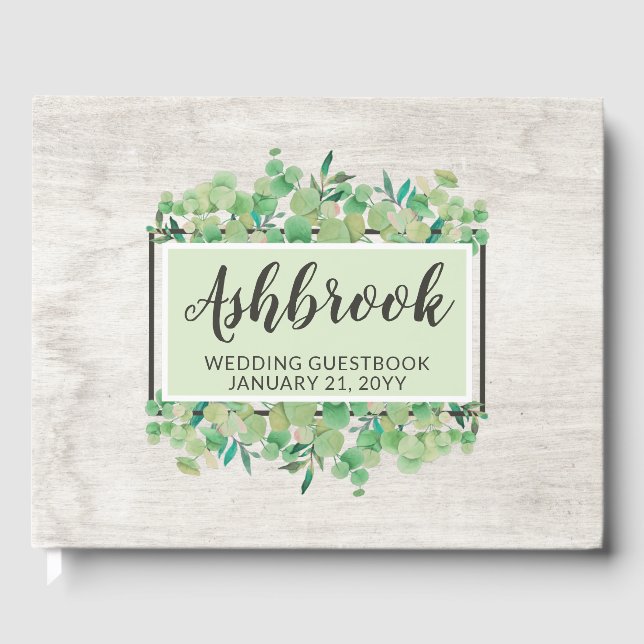 Rustic Wood & Eucalyptus Leaf Botanical Wedding Guest Book (Front)