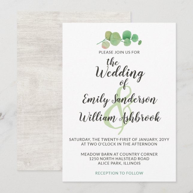 Rustic Wood & Eucalyptus Leaf Botanical Wedding Invitation (Front/Back)