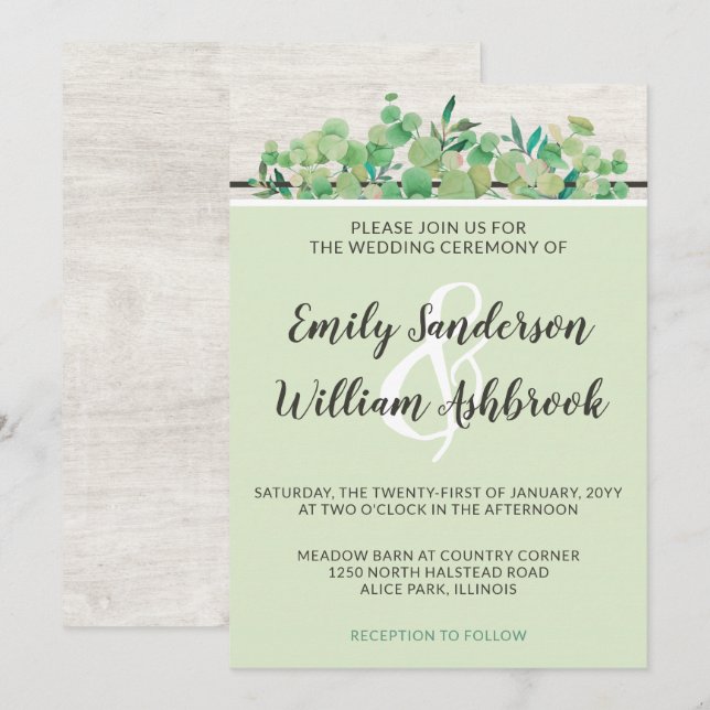 Rustic Wood & Eucalyptus Leaf Botanical Wedding Invitation (Front/Back)