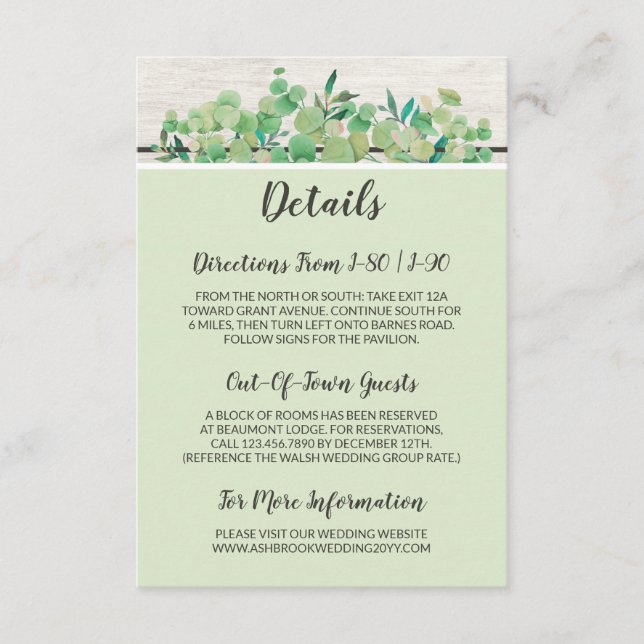 Rustic Wood & Eucalyptus Leaf Details / Directions Enclosure Card (Front)