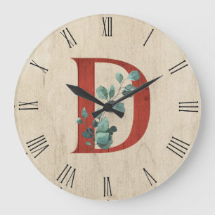 Rustic Wood & Eucalyptus Letter D Large Clock