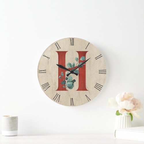 Rustic Wood &amp; Eucalyptus Letter H  Large Clock