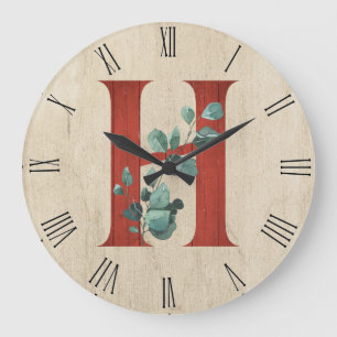 Rustic Wood & Eucalyptus Letter H Large Clock