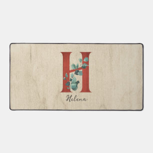 Rustic Wood & Eucalyptus Letter H Personalized Desk Mat