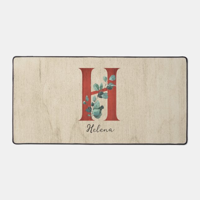 Rustic Wood & Eucalyptus Letter H Personalized Desk Mat (Front)