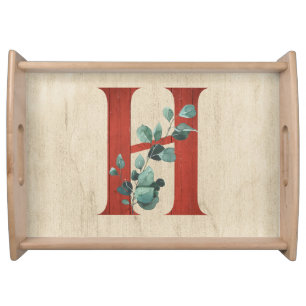Rustic Wood & Eucalyptus Letter H Serving Tray