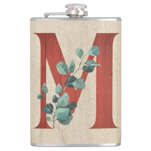 Rustic Wood & Eucalyptus Letter M   Flask