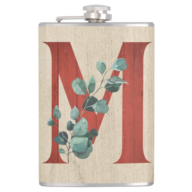 Rustic Wood & Eucalyptus Letter M   Flask (Front)