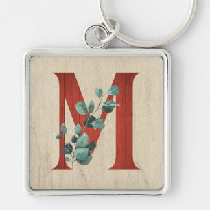 Rustic Wood & Eucalyptus Letter M  Keychain