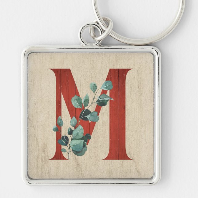 Rustic Wood & Eucalyptus Letter M  Keychain (Front)