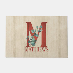 Rustic Wood & Eucalyptus Letter M Personalized Doormat
