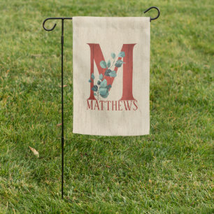 Rustic Wood & Eucalyptus Letter M Personalized Garden Flag