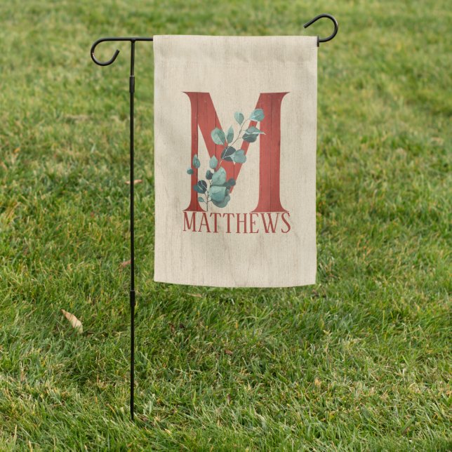 Rustic Wood & Eucalyptus Letter M Personalized  Garden Flag (In SItu)