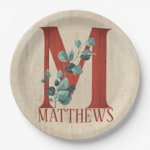 Rustic Wood & Eucalyptus Letter M Personalized   Paper Plates