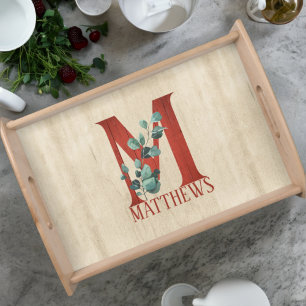 Rustic Wood & Eucalyptus Letter M Personalized Serving Tray