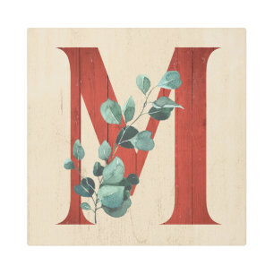 Rustic Wood & Eucalyptus Letter M Square Metal Print