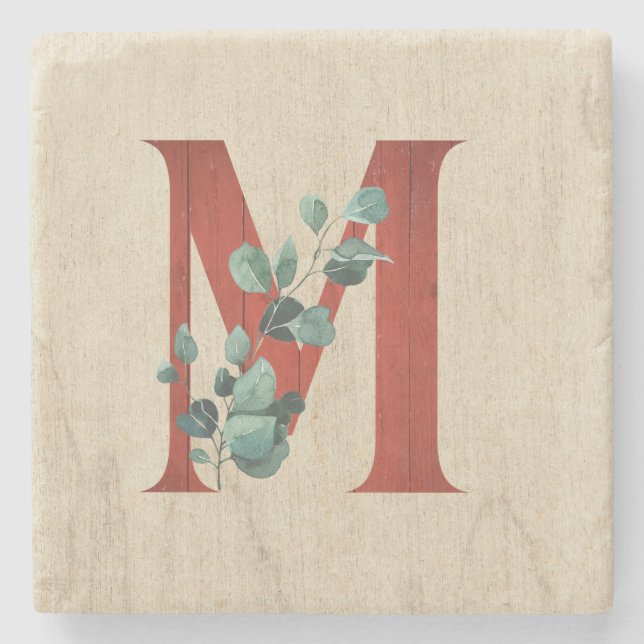 Rustic Wood & Eucalyptus Letter M  Stone Coaster (Front)
