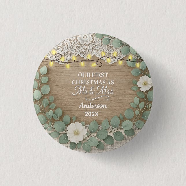 Rustic Wood & Eucalyptus Mr & Mrs Christmas Button (Front)
