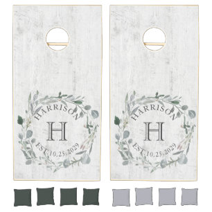 Rustic Wood Eucalyptus Wedding Family Monogram Cornhole Set