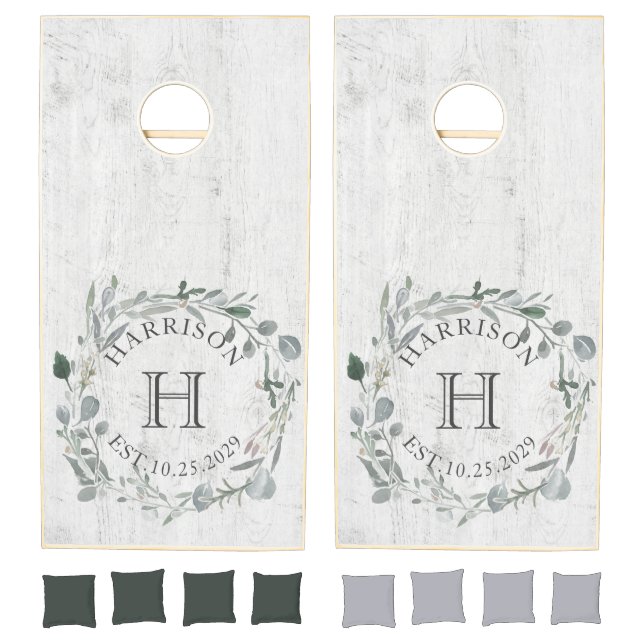 Rustic Wood Eucalyptus Wedding Family Monogram Cornhole Set (Set)
