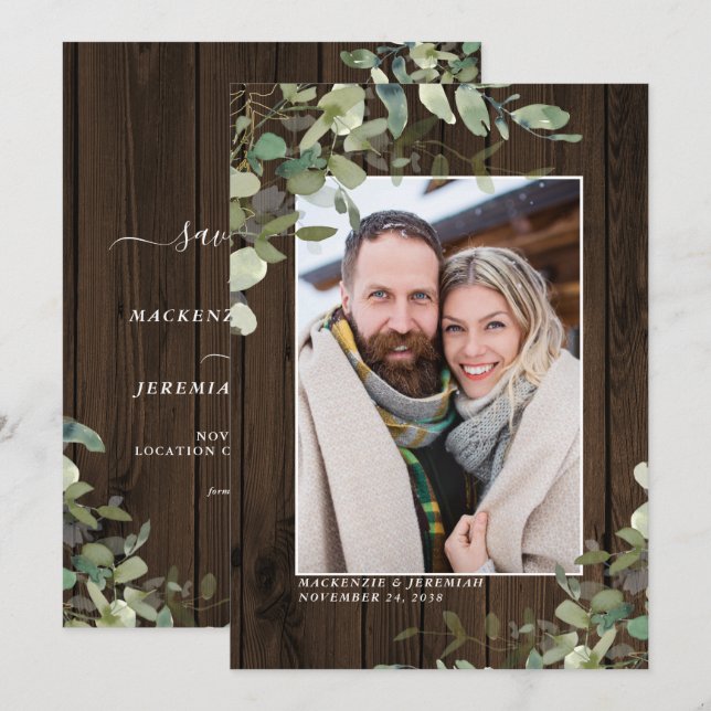 Rustic Wood Eucalyptus Wedding Photo Save the Date (Front/Back)
