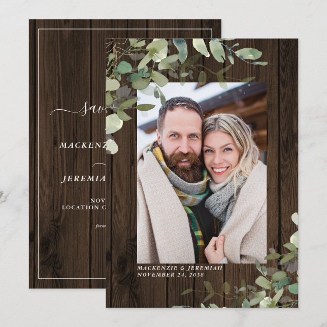 Rustic Wood Eucalyptus Wedding Photo Save the Date (Front/Back)