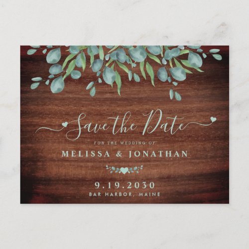 Rustic Wood Eucalyptus Wedding Save The Date Announcement Postcard