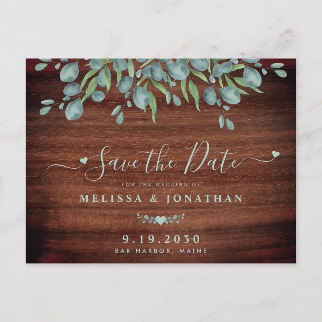 Rustic Wood Eucalyptus Wedding Save The Date Announcement Postcard (Front)
