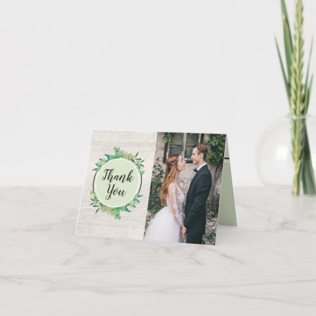 Rustic Wood & Eucalyptus Wedding Thank You 4-Photo Card (Front)