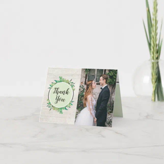 Rustic Wood & Eucalyptus Wedding Thank You 4-Photo Card | Zazzle