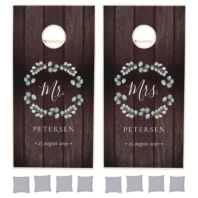 Rustic wood eucalyptus wreath mr and mrs wedding cornhole set (Set)