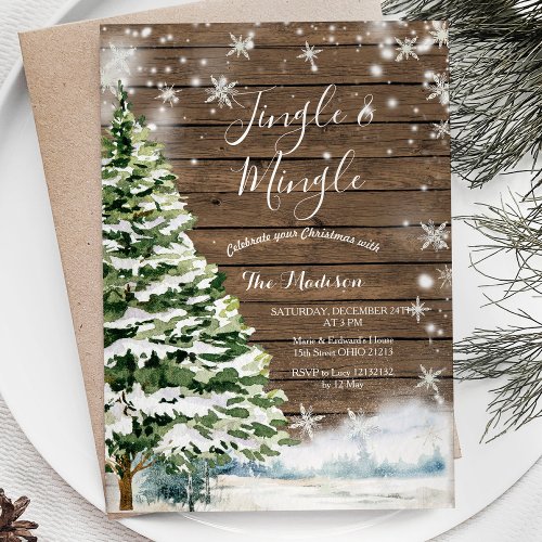 Rustic Wood Evergreen Jingle  Mingle Winter Party Invitation