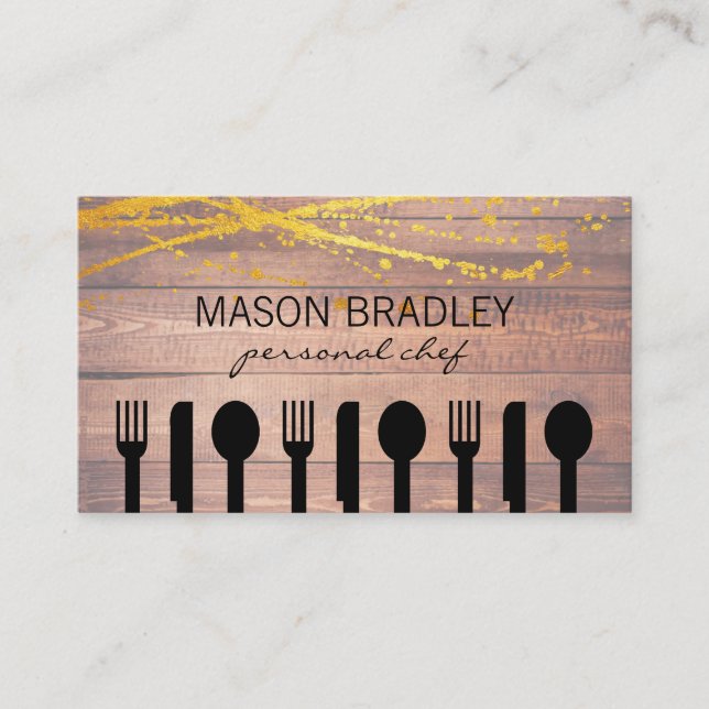 Rustic Wood Executive Chef Silverware Business Card (Front)