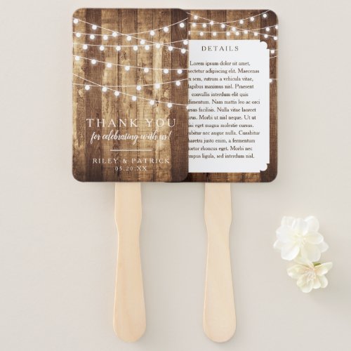 Rustic Wood Fairy Light Barn Wedding Thank You Hand Fan