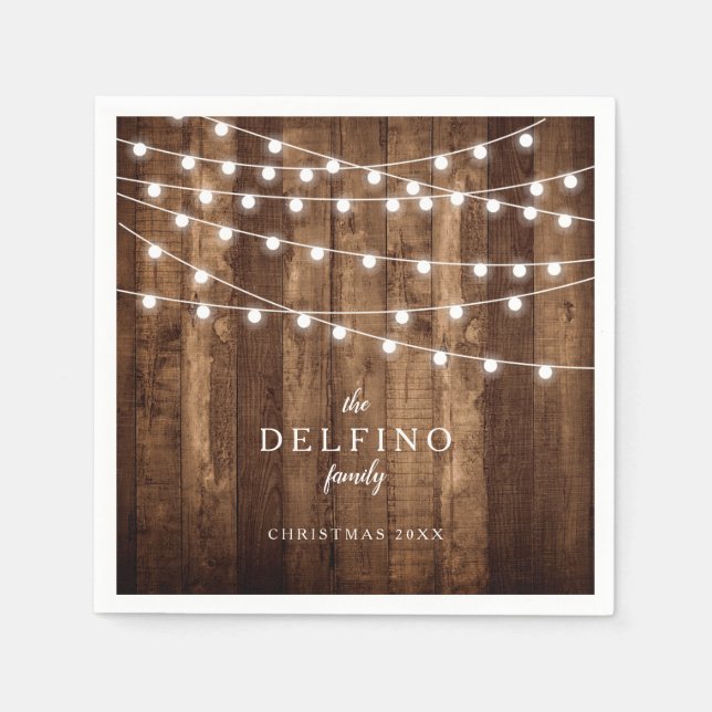 Rustic Wood Fairy Light Family Holiday Party Paper Napkins (Front)