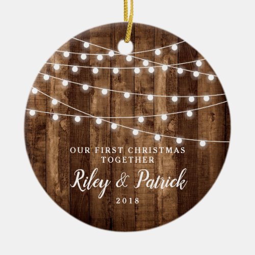 Rustic Wood Fairy Light Our First Christmas Custom Ceramic Ornament